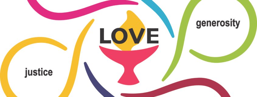 A chalice with the word Love over the flame, with six outstretched swirls that create a circular space within them. Together, they form a six-petal flower of different colors. Each contains one of the six UU shared values, printed in a modern font. Clockwise they are: Interdependence (orange), Equity (red), Transformation (purple), Pluralism (blue), Generosity (green), and Justice (yellow).