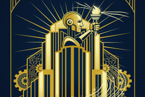 Book cover of AI and Deeper Learning by Brent Michael Duckor and Carrie Holmberg. An Art Deco-style gold illustration on a dark navy background depicts a robot holding a glowing torch above an open book, surrounded by radiating light, circuit patterns, and gears, symbolizing the intersection of artificial intelligence and education.