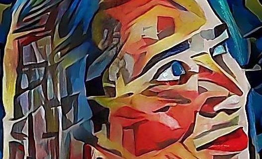 Artistic, mosaic-style portrait of UUCB Member, Lonnie Moseley in three-quarter profile, looking to the right. Her face is rendered in bold, angular shapes of red, orange, gold, and cream, with striking blue eyes and dark hair accented by sweeping shades of blue and teal. The colorful, geometric effect resembles stained glass or a modern Cubist painting.