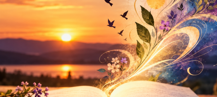 Poetry book open with a sunset in the backgroun and silhouette of birds flying on the right beside colorful swirls of color