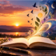 Poetry book open with a sunset in the backgroun and silhouette of birds flying on the right beside colorful swirls of color