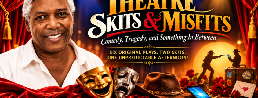 Member Harold Dean James, African American man, next to heading "Theatre Skits & Misfits" A fundraiser for UUCB.